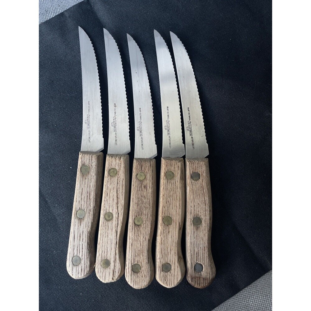 5 Old Homestead Steak Knives Wood Handles Lifetime Cutlery Stainless Japan